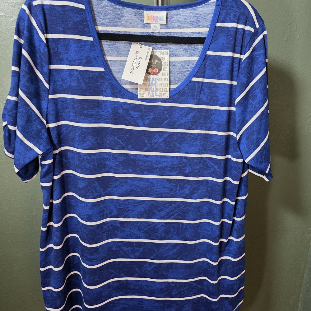 LuLaRoe Short Sleeve Scoop Neck Tee in Royal Blue and White Stripes